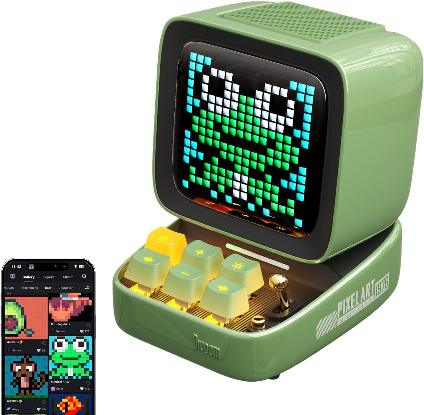 Green Divoom Ditoo Pro pixel-art Bluetooth speaker shaped like a retro computer