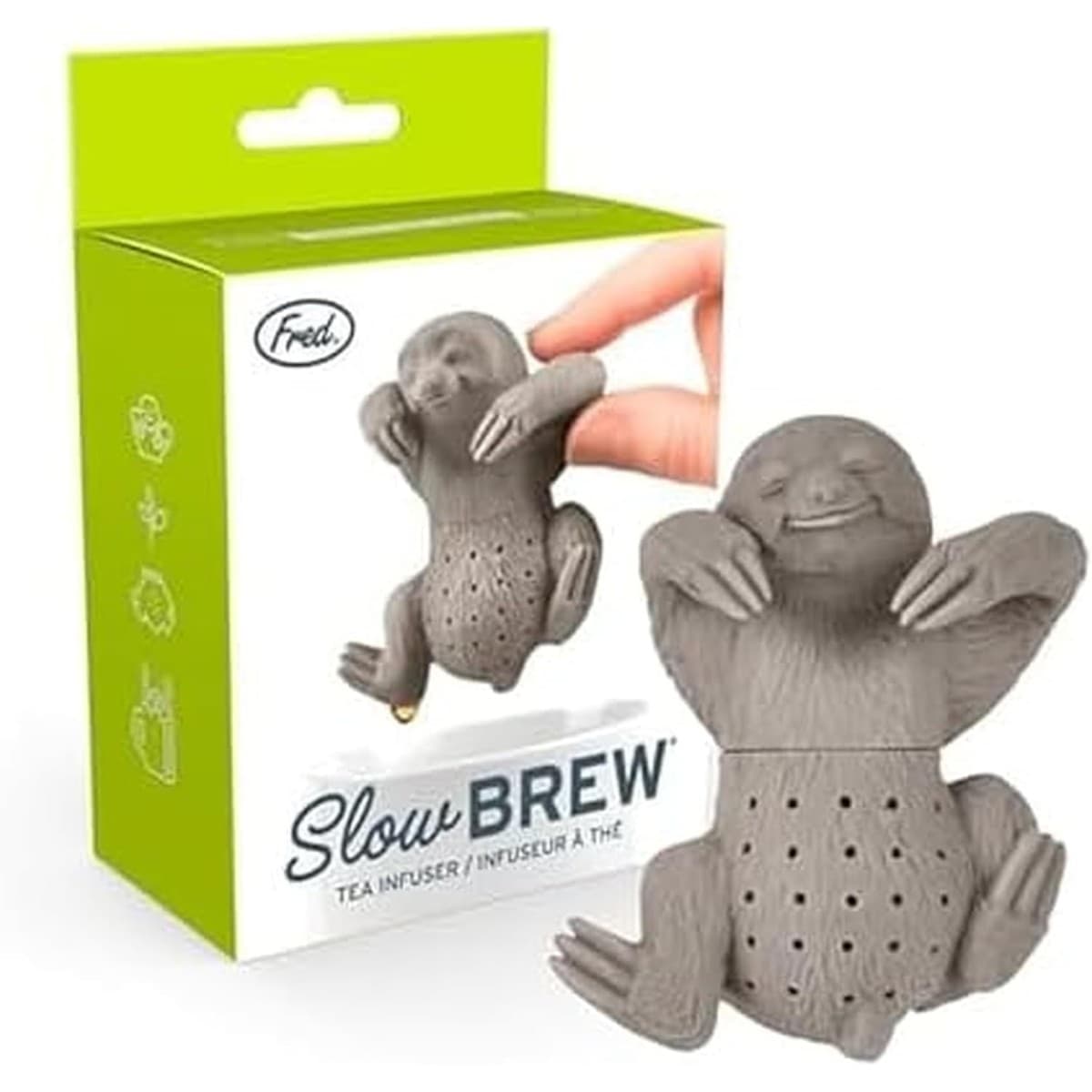 Gray Fred and Friends sloth-shaped tea infuser hanging on a mug