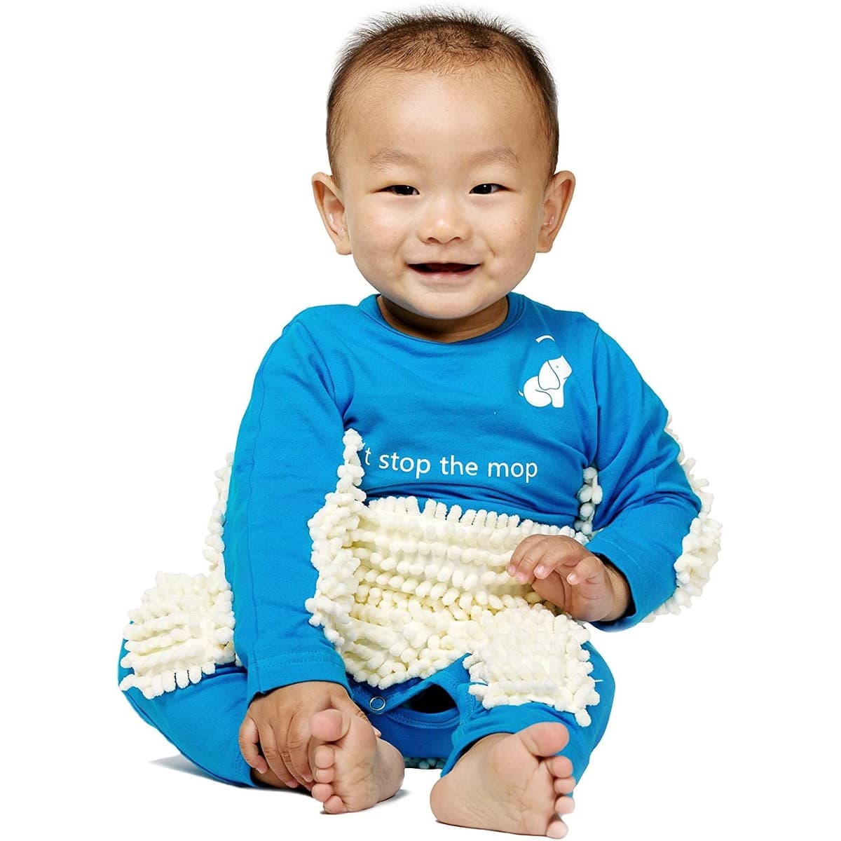 Blue Gavvy Baby romper with white mop fringe on the front and sleeves