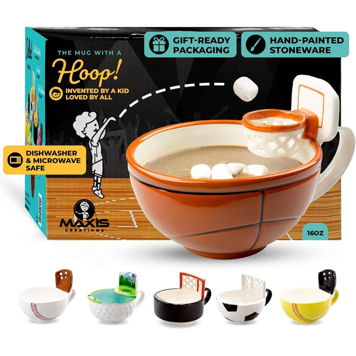 MAX'IS Creations ceramic basketball mug with a hoop on its side
