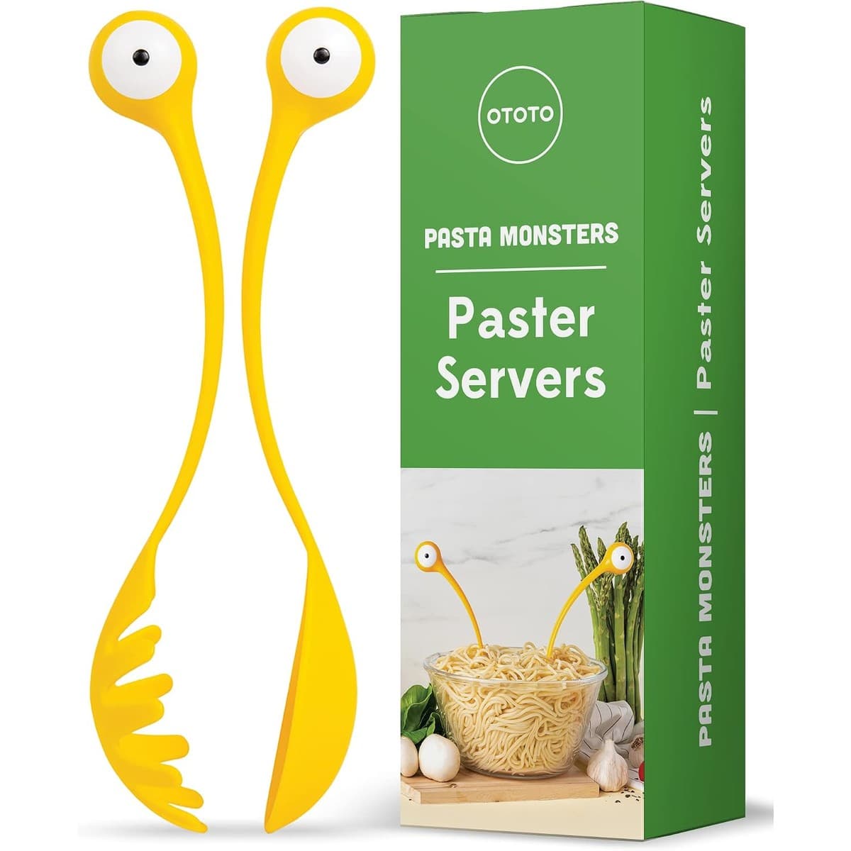 Blue and yellow OTOTO monster-shaped salad serving spoon and fork