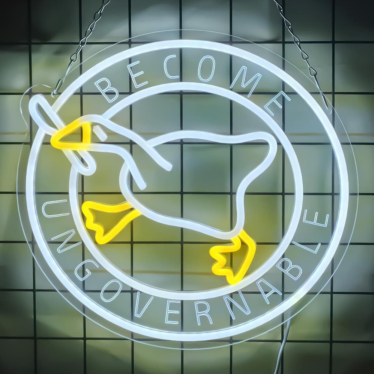 Yellow and red LED neon sign shaped like a duck holding a knife