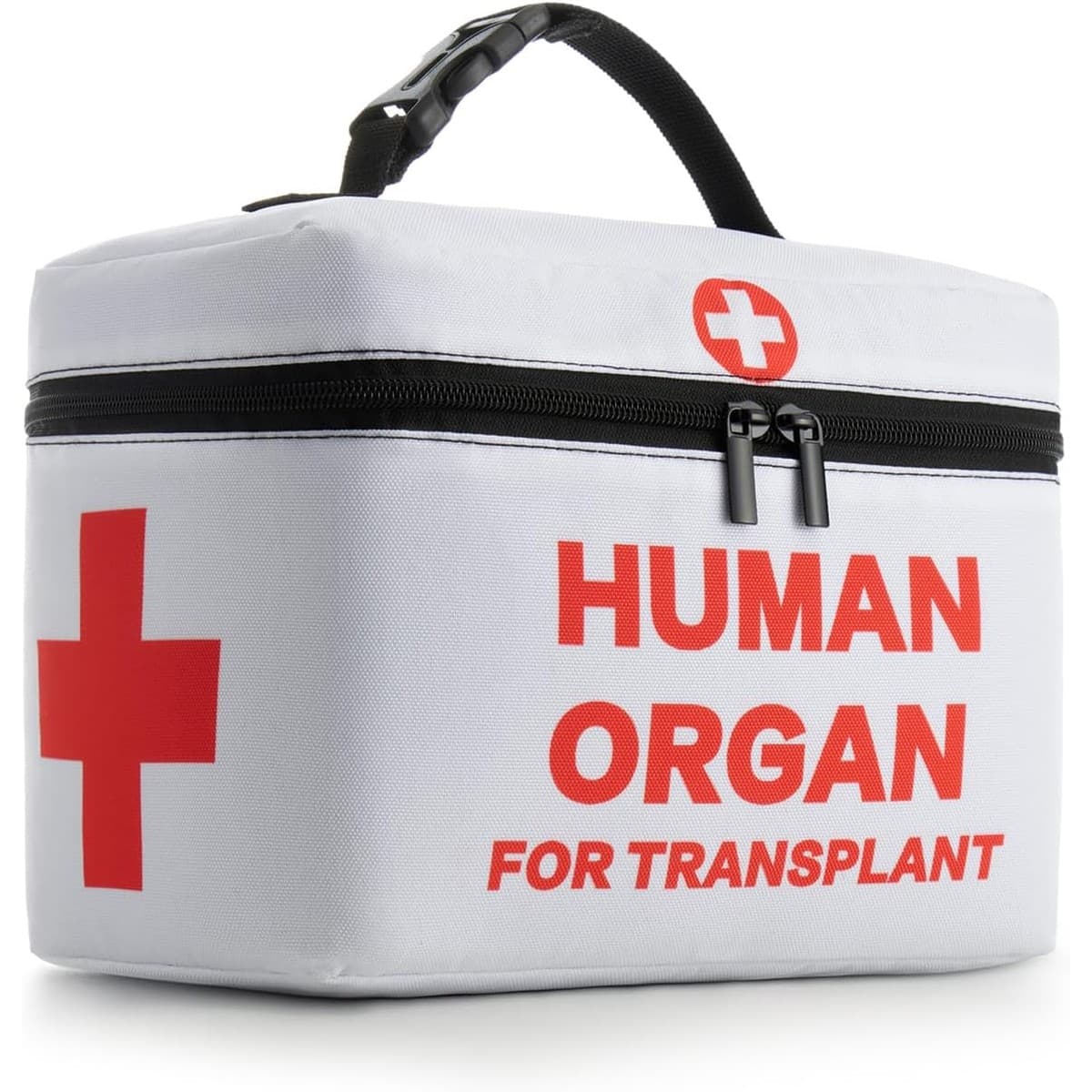 WOEMOZAP insulated lunch bag styled as a human organ transplant container