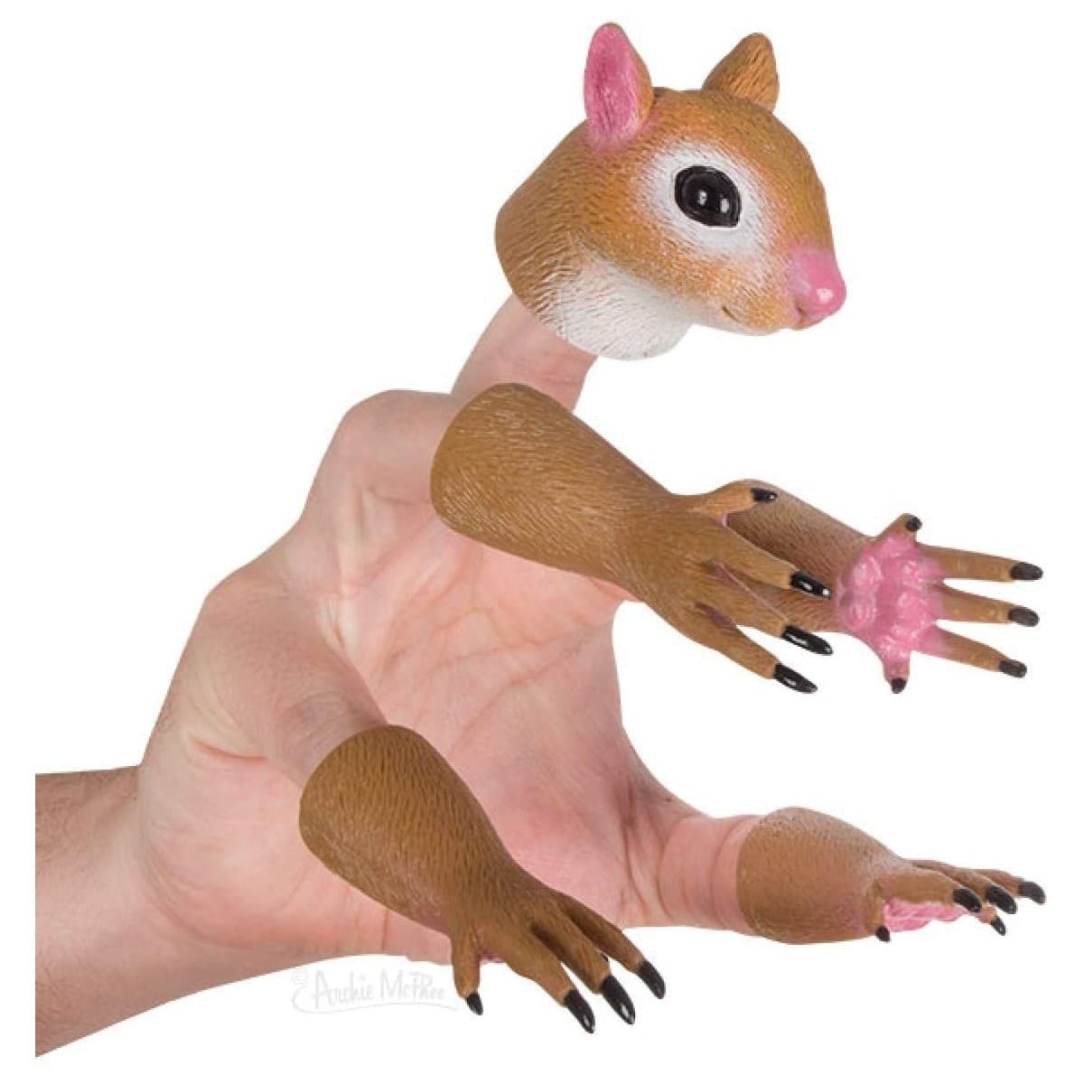 Five tiny squirrel-head finger puppets on one hand