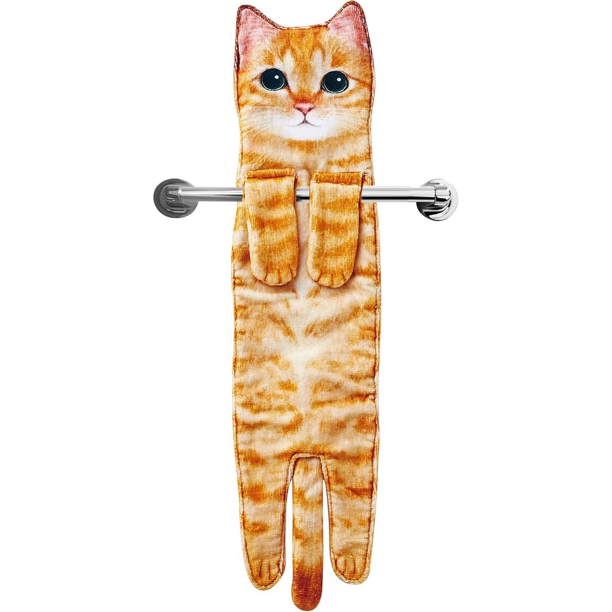 Orange cat-shaped AGRIMONY hand towel hanging by its front paws