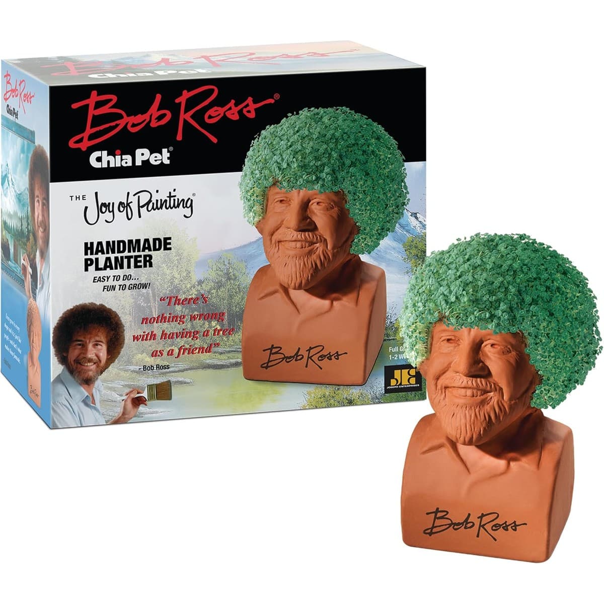 Bob Ross Chia Pet planter with green chia hair