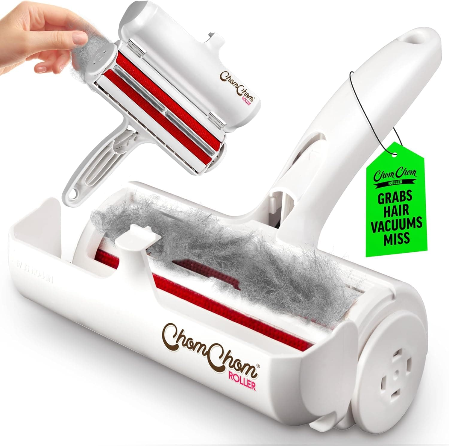 White ChomChom reusable pet-hair roller with its collection chamber open