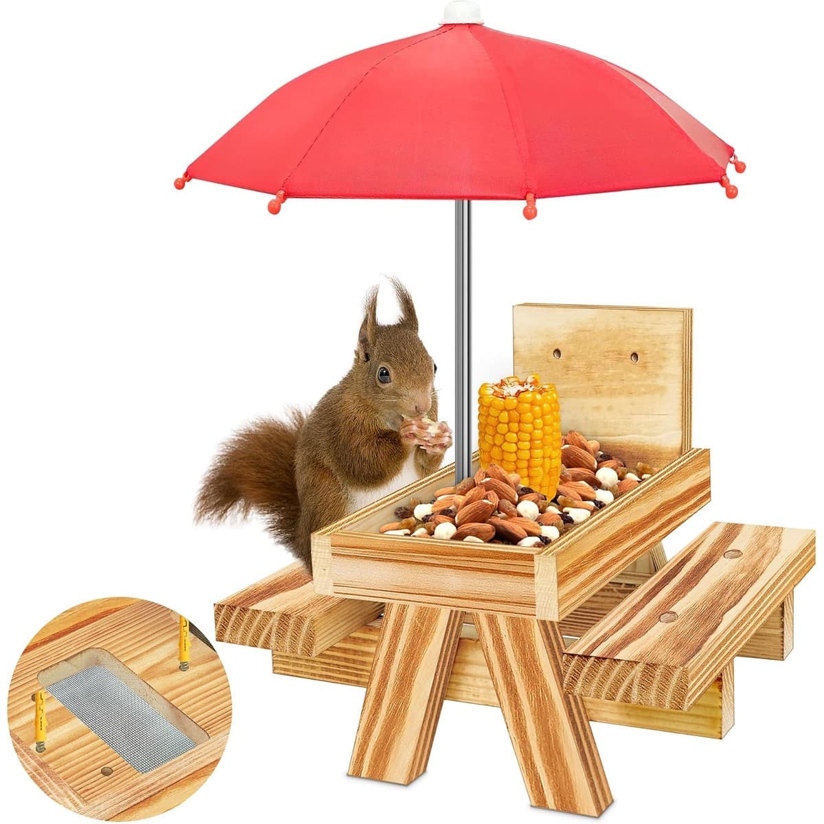 Wooden squirrel picnic table feeder with a red umbrella