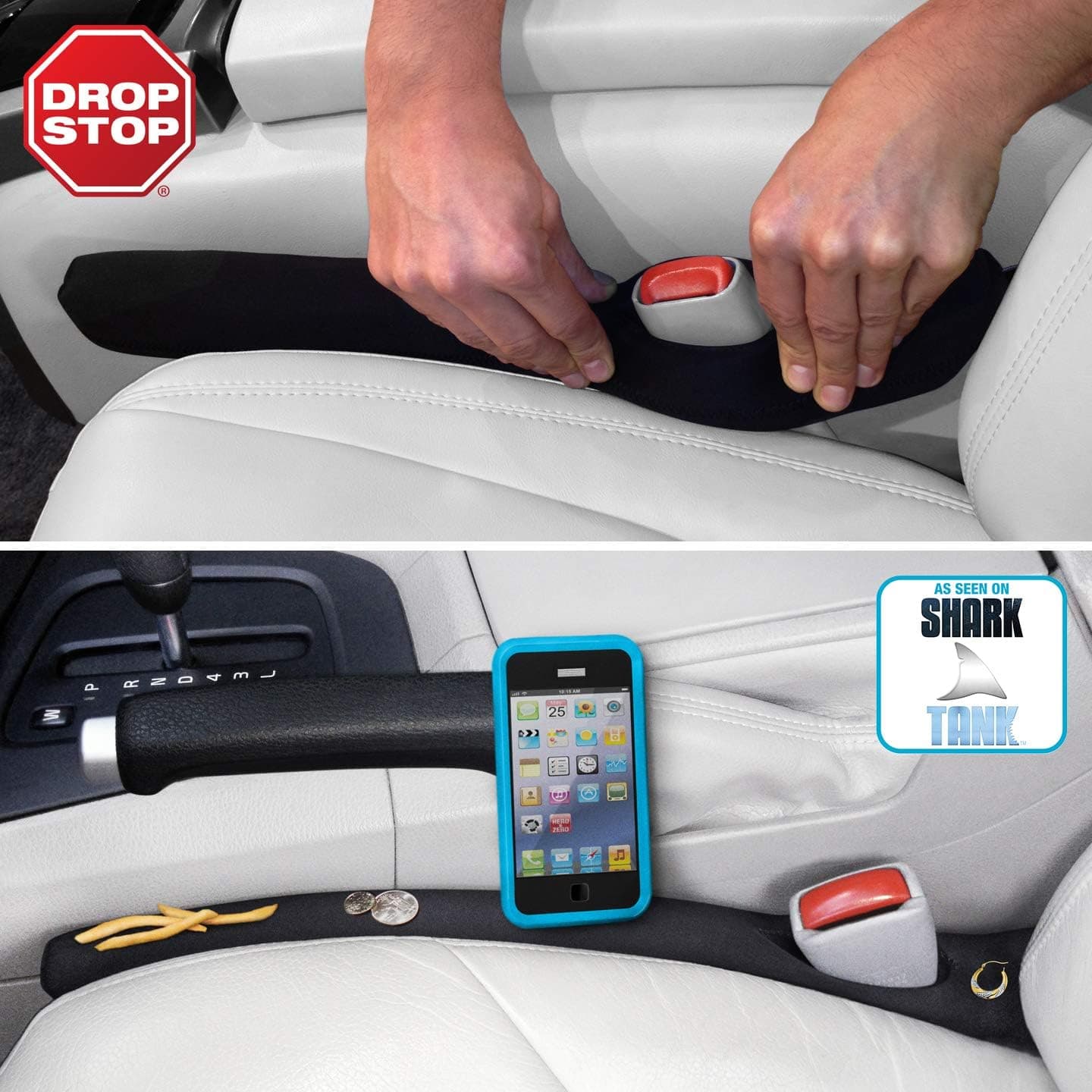 Black Drop Stop car-seat gap fillers installed beside a center console