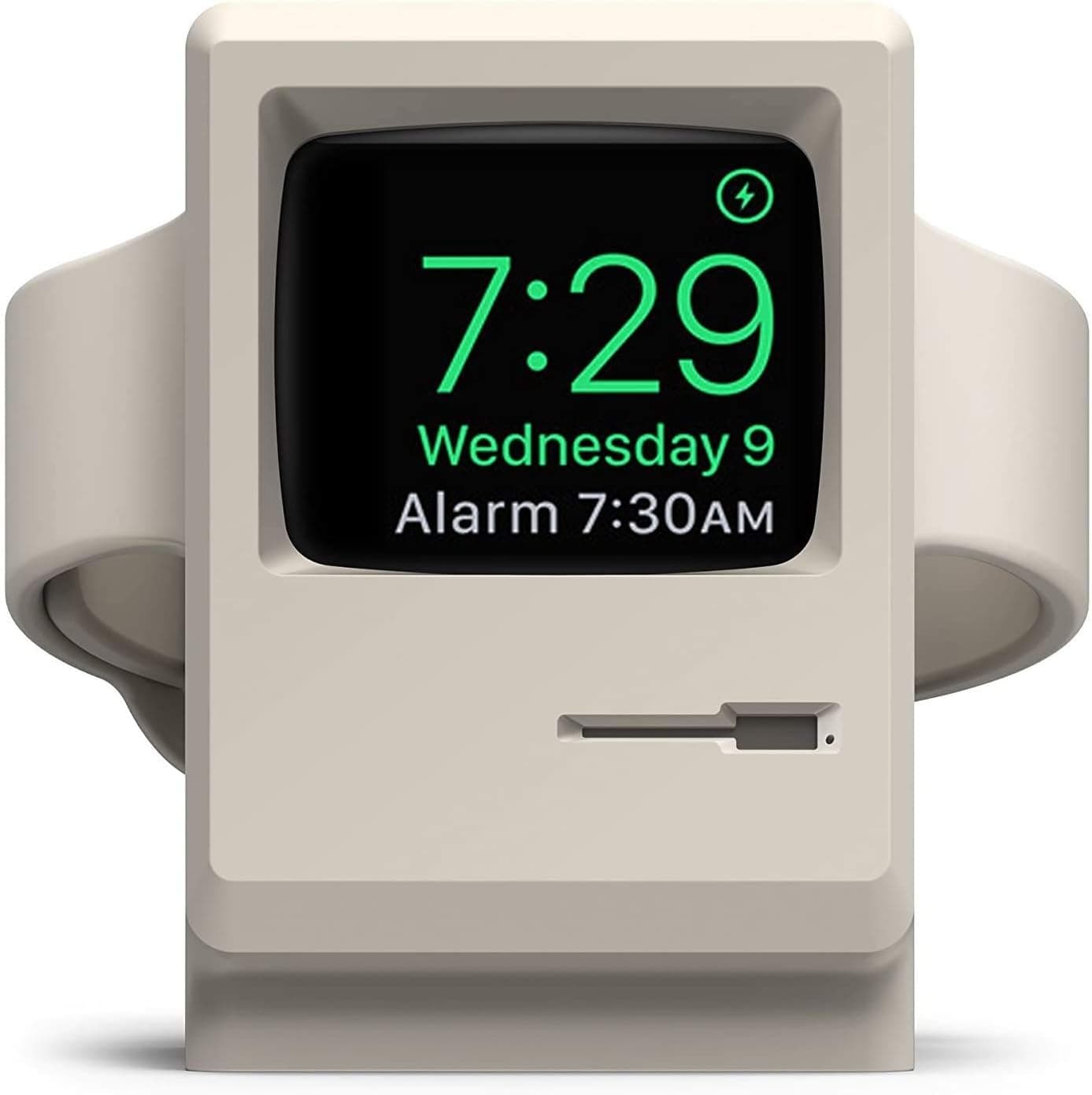 Beige elago W3 Apple Watch stand styled like a vintage computer