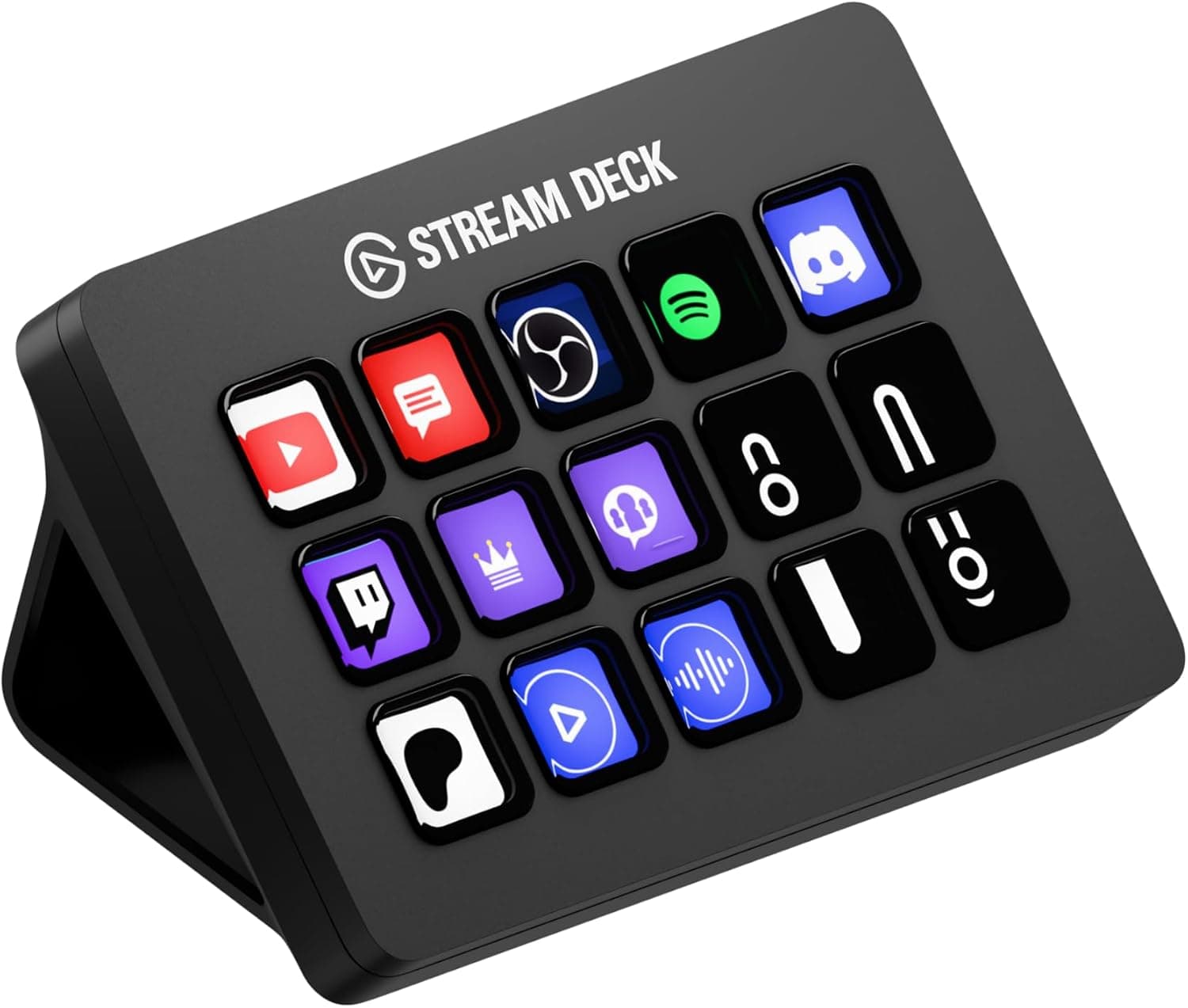 Black Elgato Stream Deck MK.2 with fifteen illuminated shortcut keys