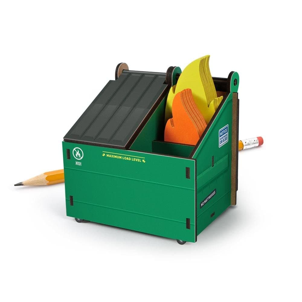 Green miniature dumpster pencil holder filled with flame note cards