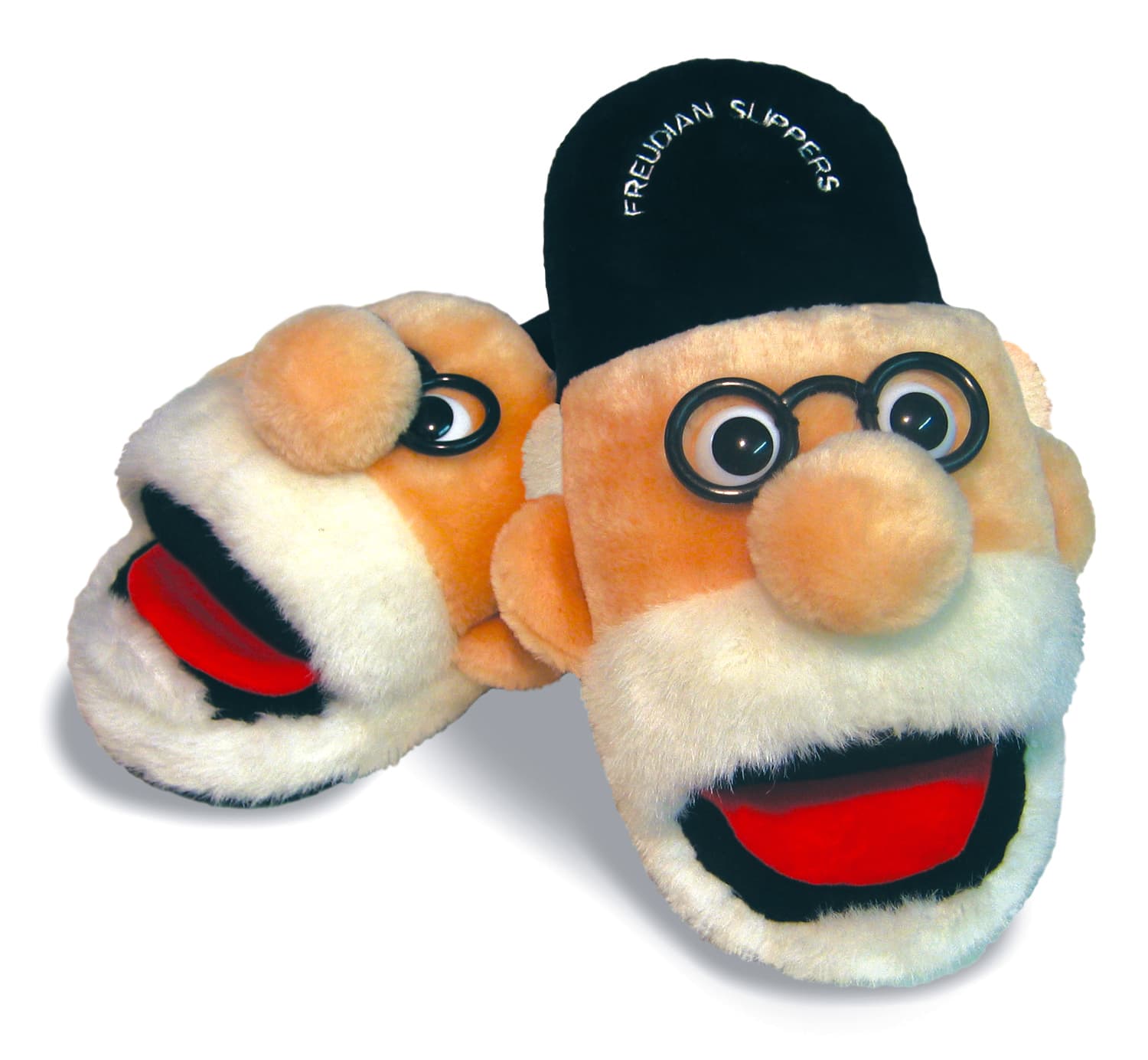 Two Freudian Slippers with Freud faces, glasses, beards, and black footbeds on a white background.