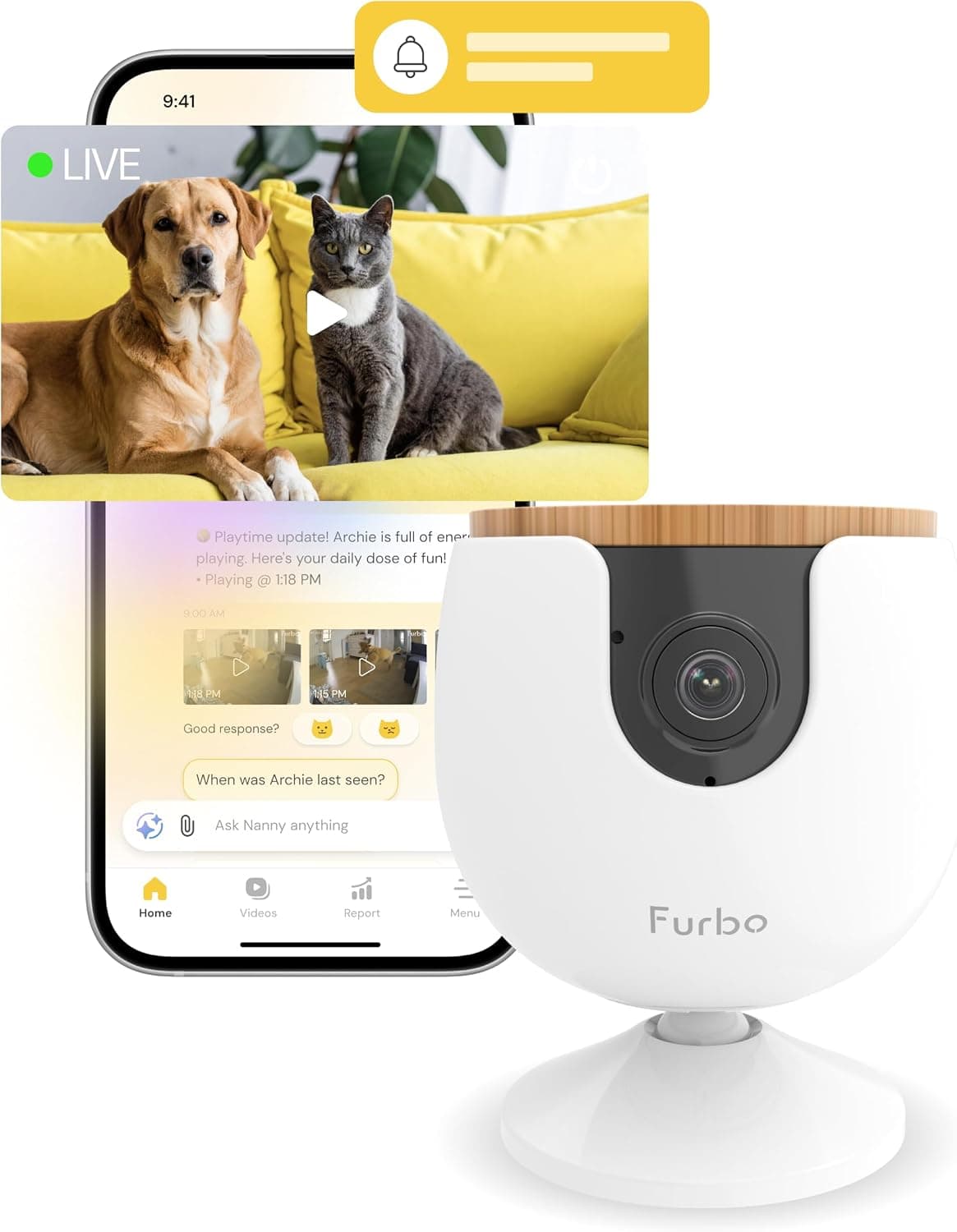 Compact white Furbo Mini pet camera on its mounting base