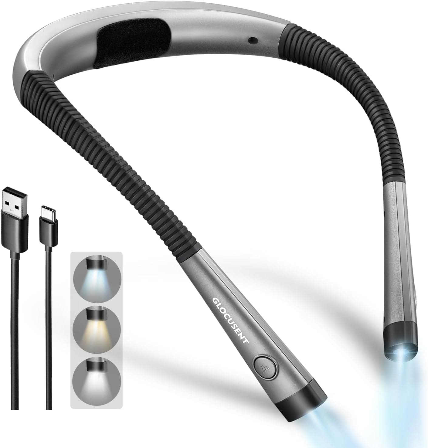 Glocusent rechargeable neck book light with two flexible illuminated arms