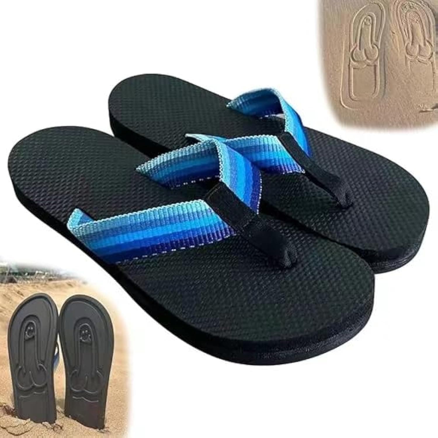 Blue JNRCE novelty flip-flops showing their hidden footprint design