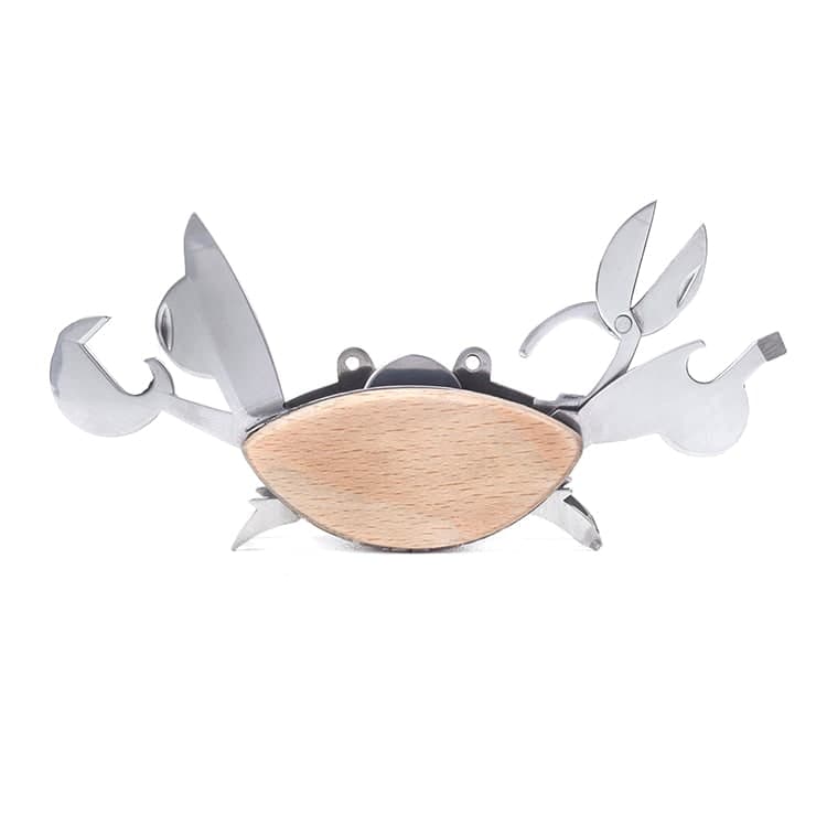 Crab-shaped Kikkerland multi-tool with wooden body and steel tools