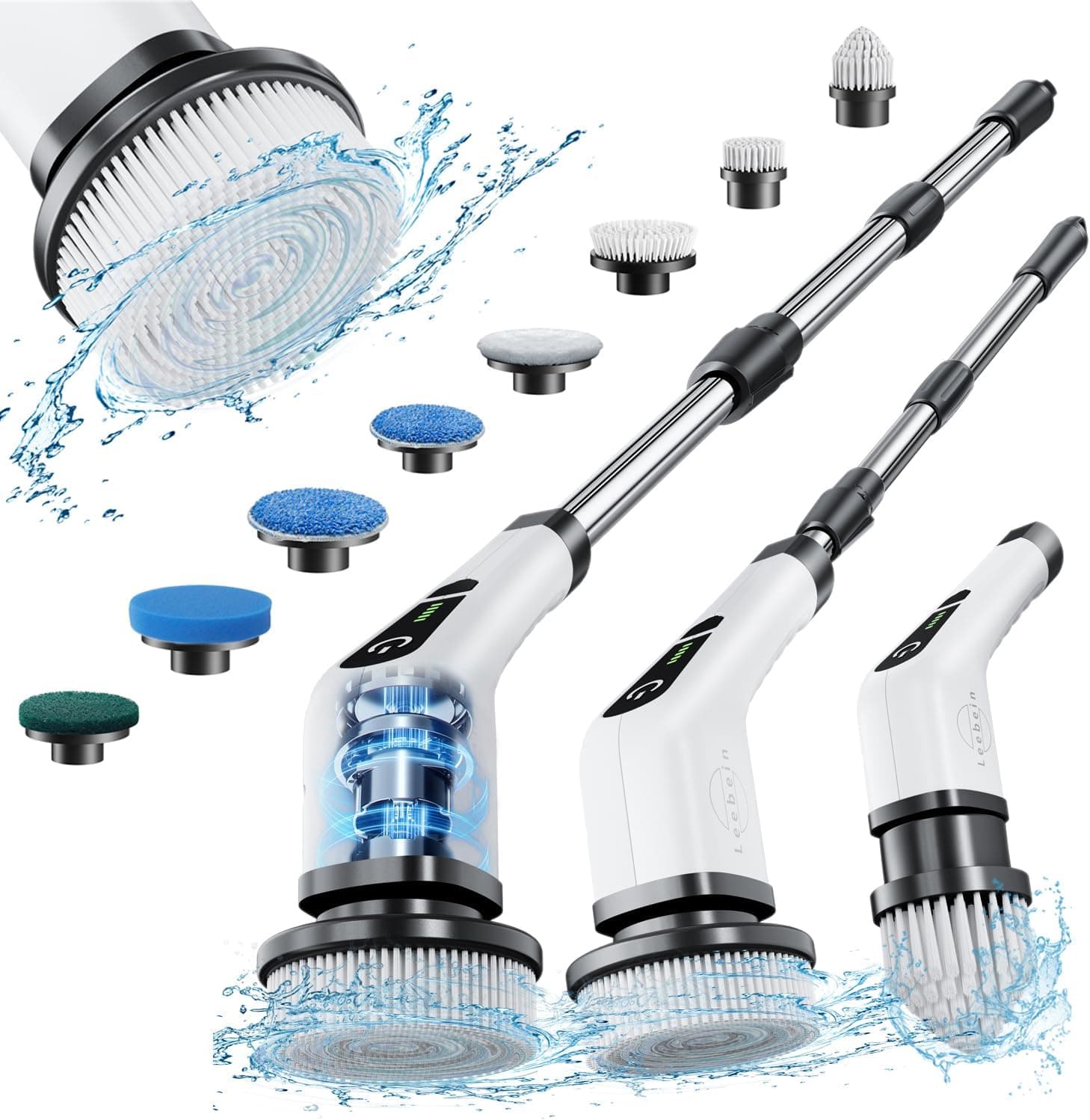 Leebein cordless electric spin scrubber with extension handle and eight brush heads