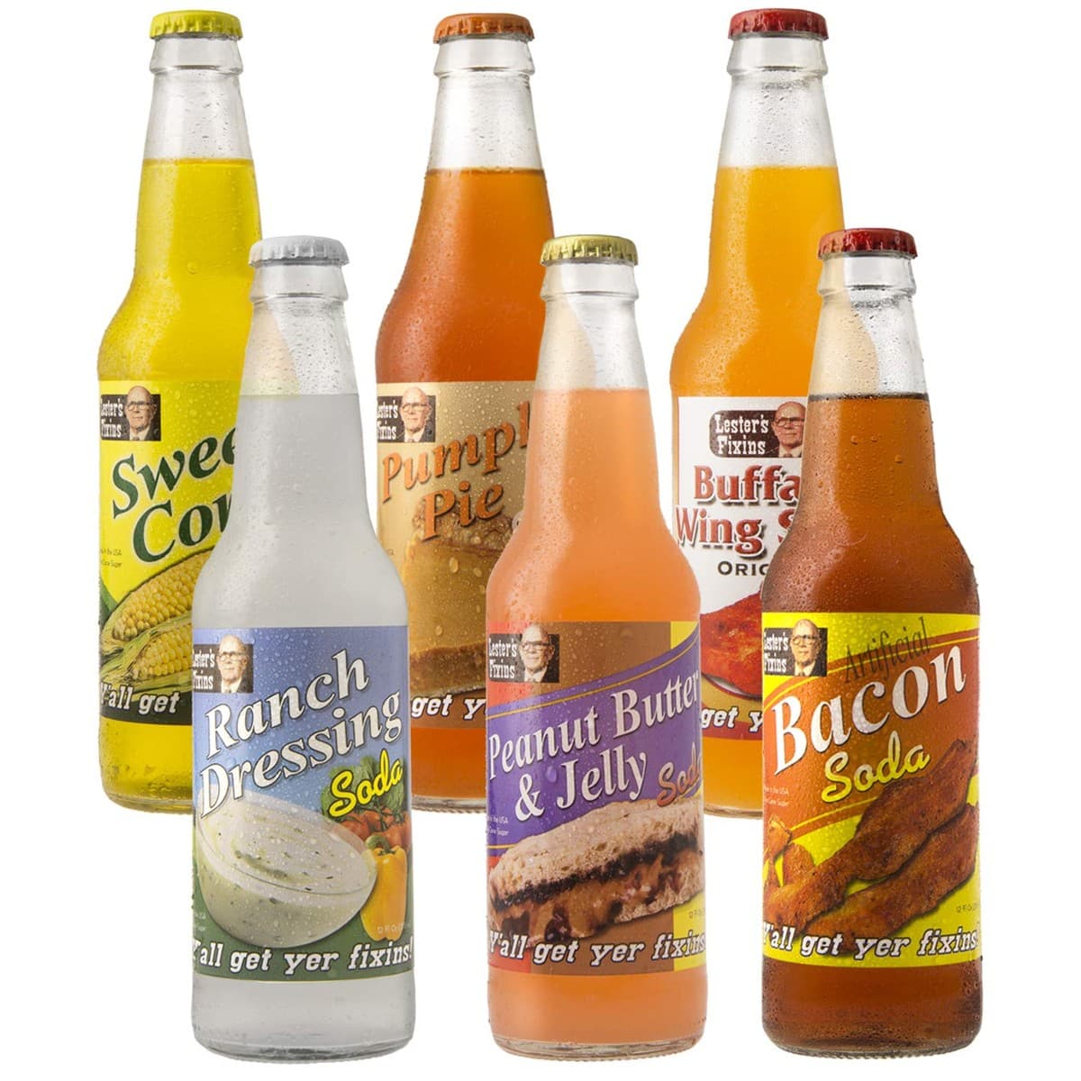 Six bottles of Lester's Fixins novelty soda in unusual savory flavors