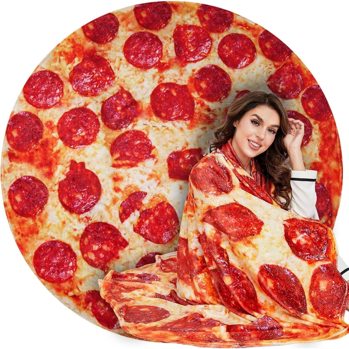 Round Lhedon flannel blanket printed as a giant pepperoni pizza