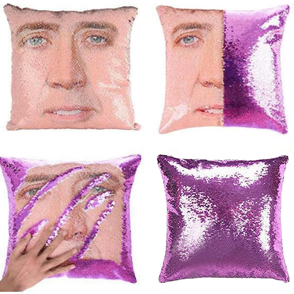 Purple reversible sequin pillow cover revealing Nicolas Cage