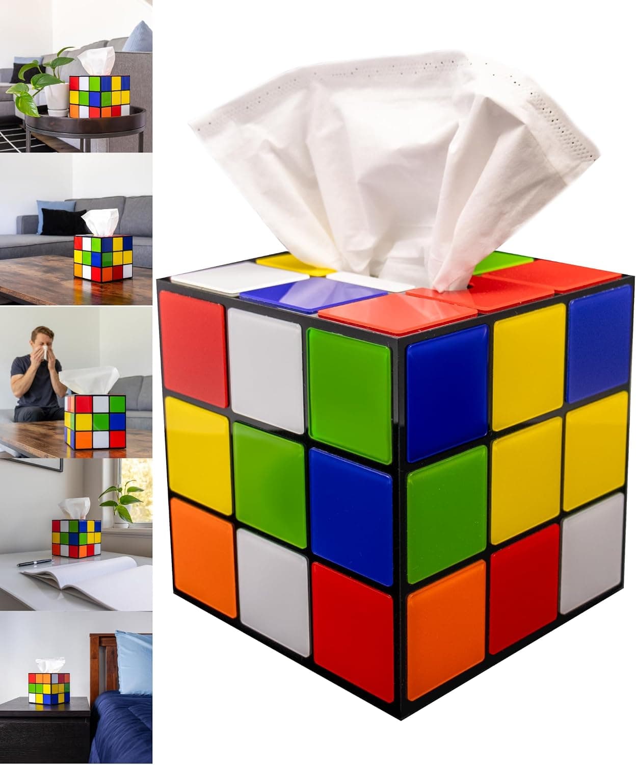 Colorful Magic Cube tissue box cover with a tissue pulled from the top