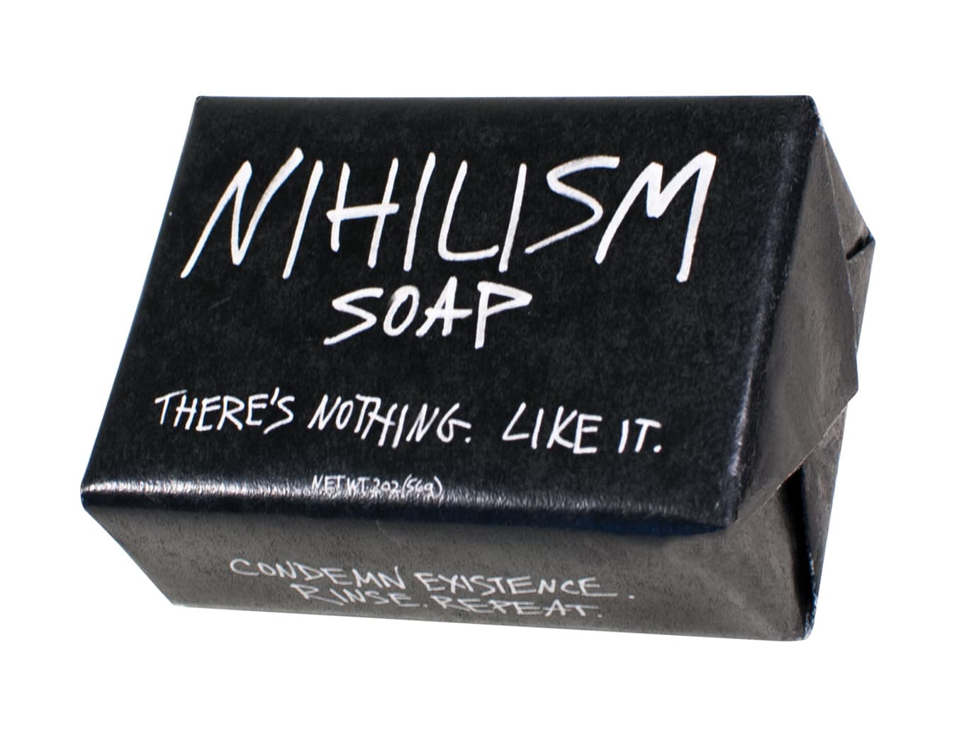 Black Nihilism Soap box with white lettering on a white background.