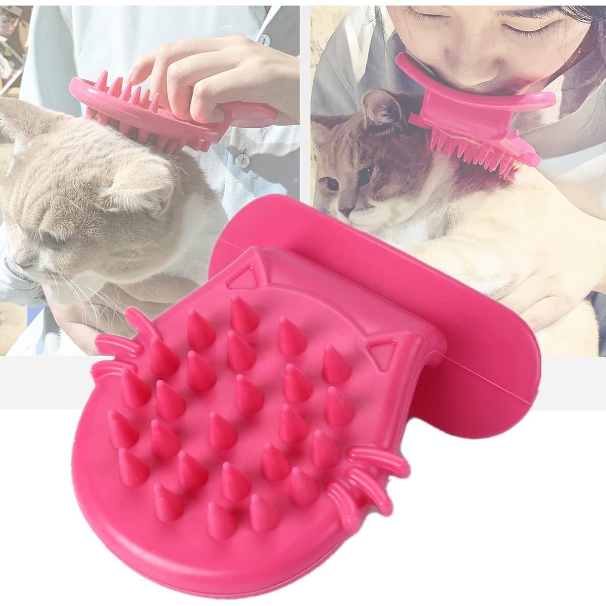 Pink PETCYY mouth-held cat tongue grooming brush