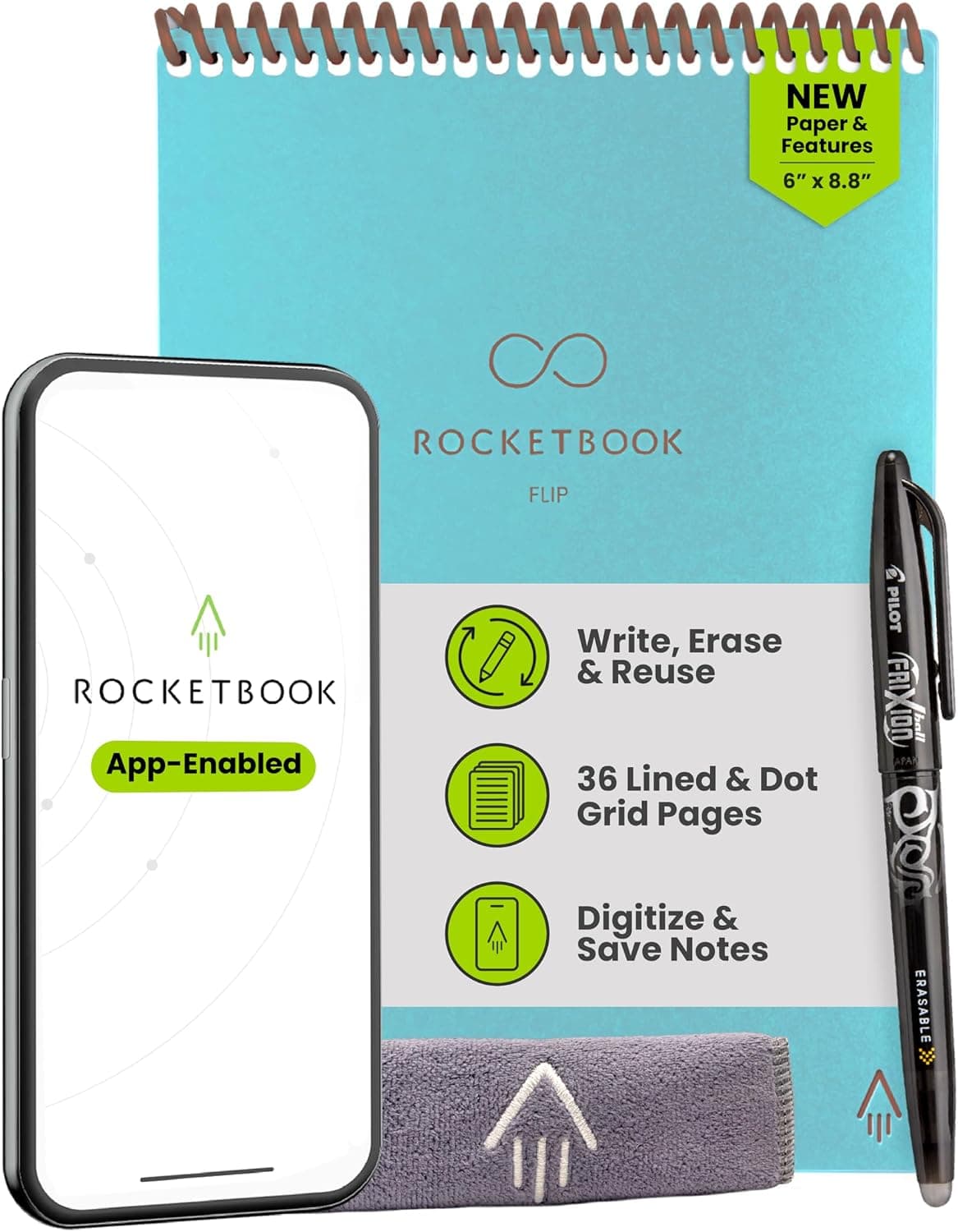 Teal Rocketbook Flip reusable top-bound notepad with pen and cleaning towel