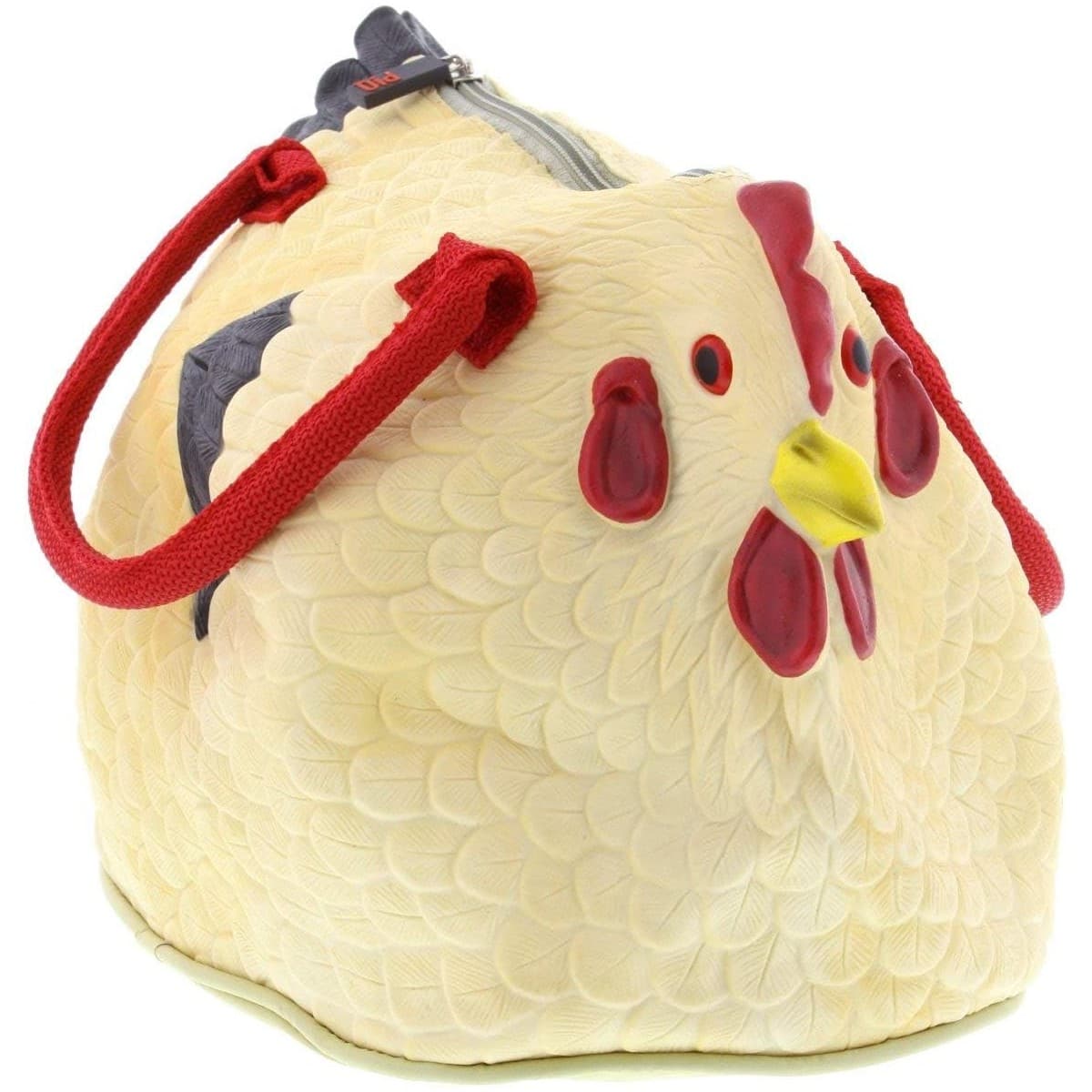 Yellow rubber chicken handbag with red handles