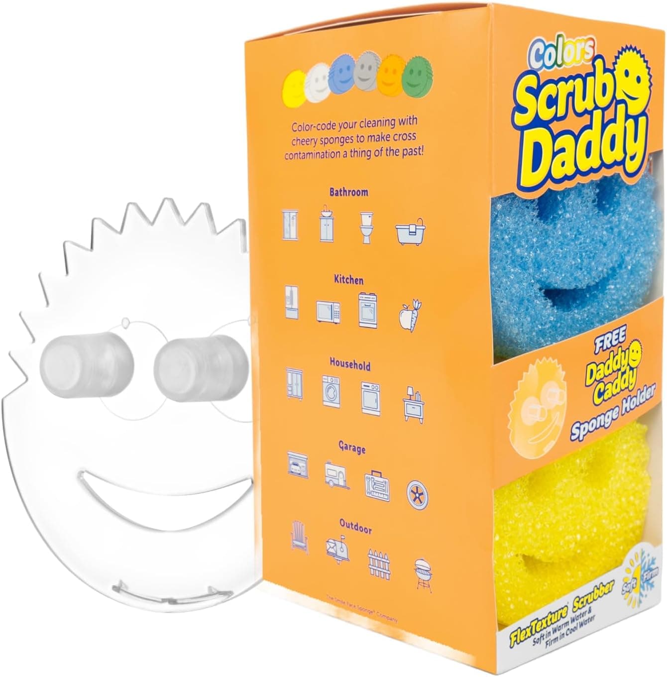 Six colorful Scrub Daddy smiley-face sponges with a Daddy Caddy holder