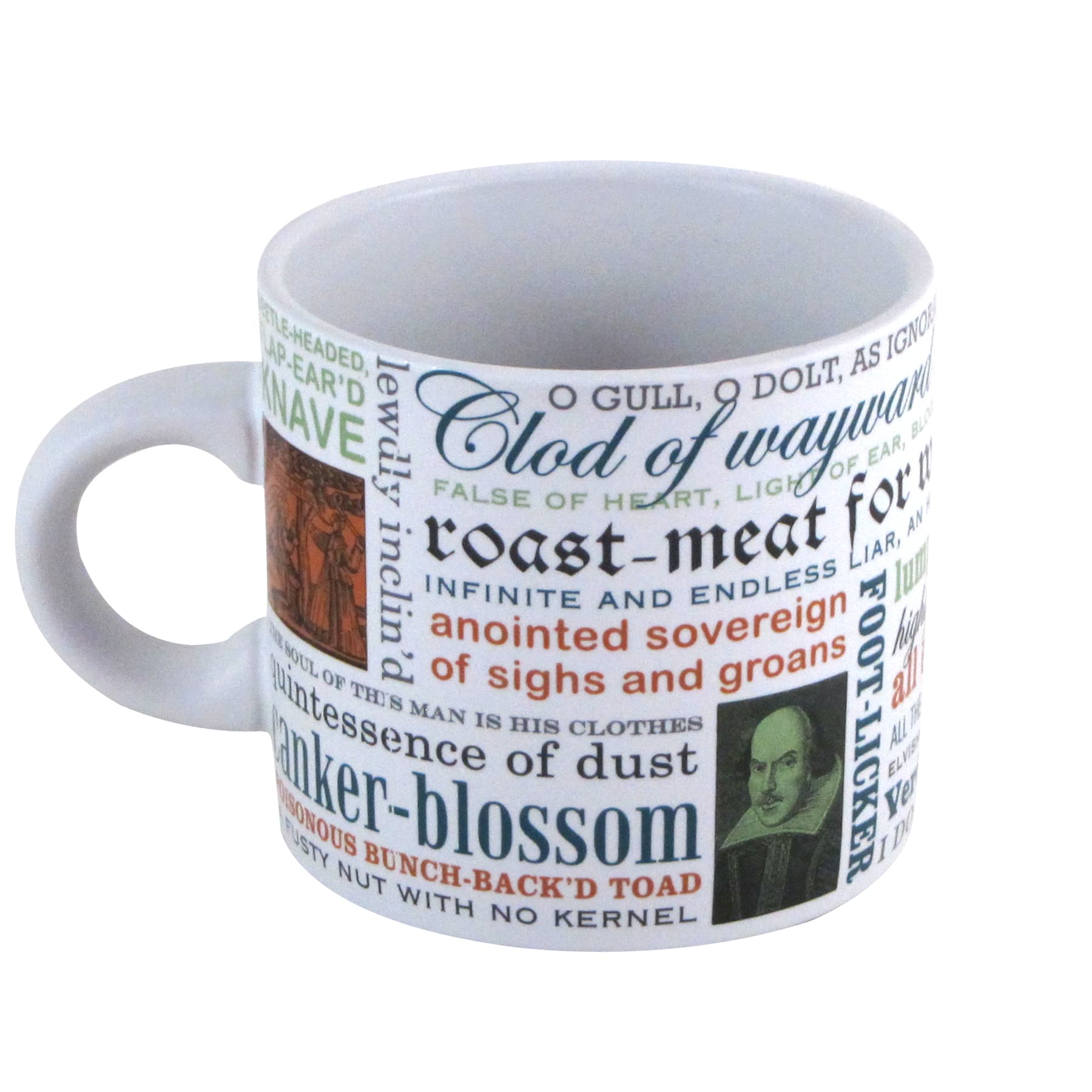 White Shakespearean Insults Mug covered with multicolored text and small Shakespeare portraits.
