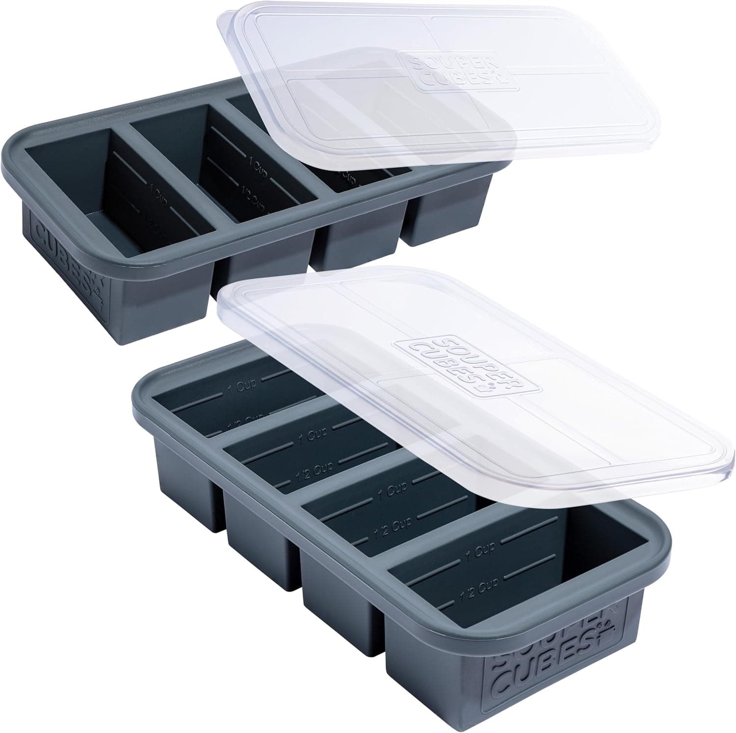 Two charcoal Souper Cubes one-cup silicone freezer trays with lids