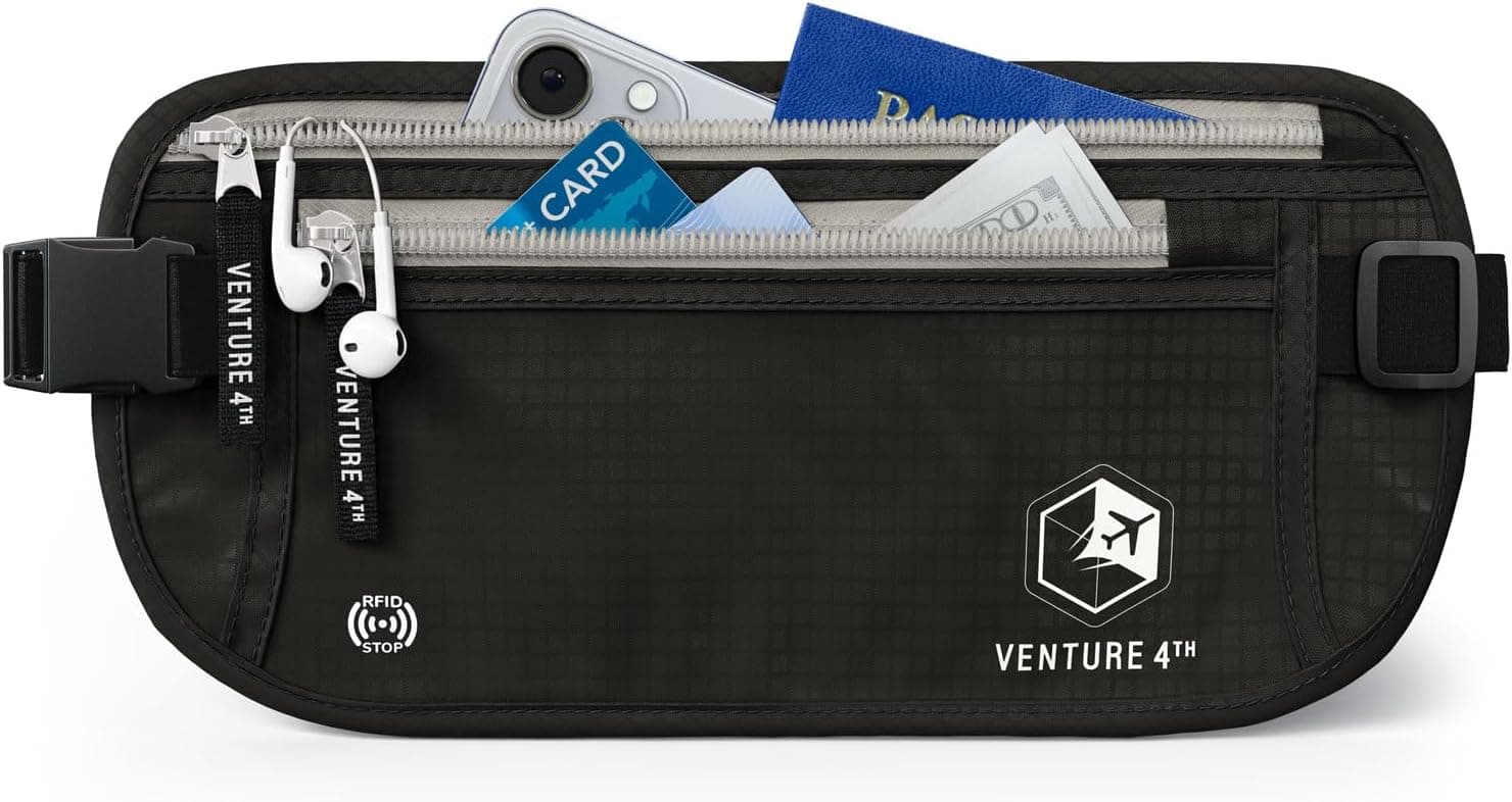 Black VENTURE 4TH RFID-blocking travel money belt with zippered pockets