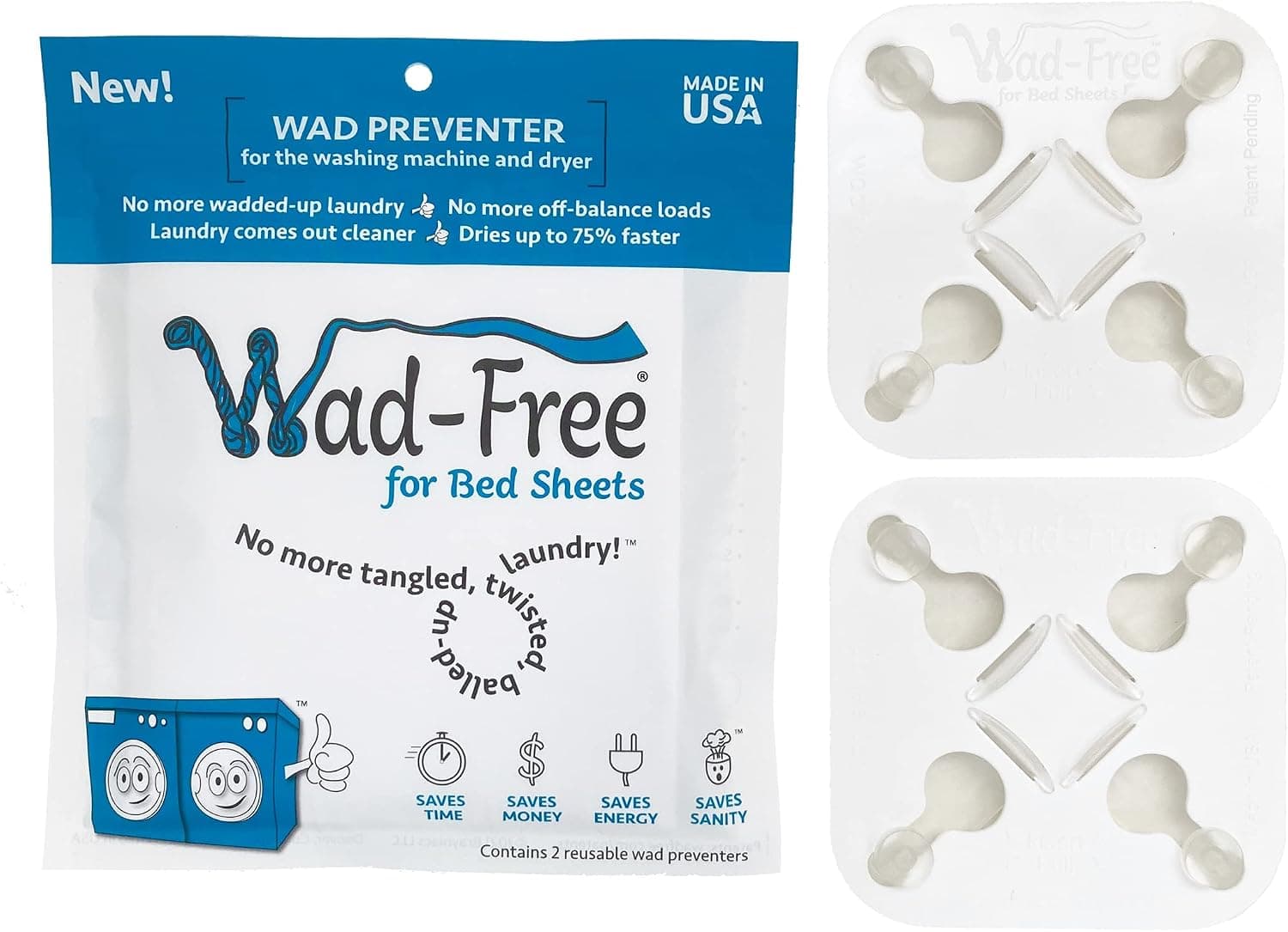Pair of red Wad-Free bed-sheet detanglers attached to white bedding