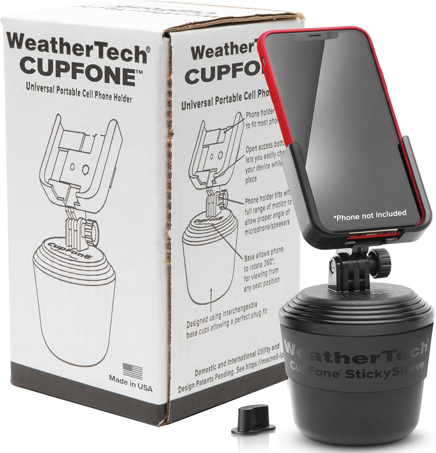 Black WeatherTech CupFone adjustable phone mount installed in a cup holder